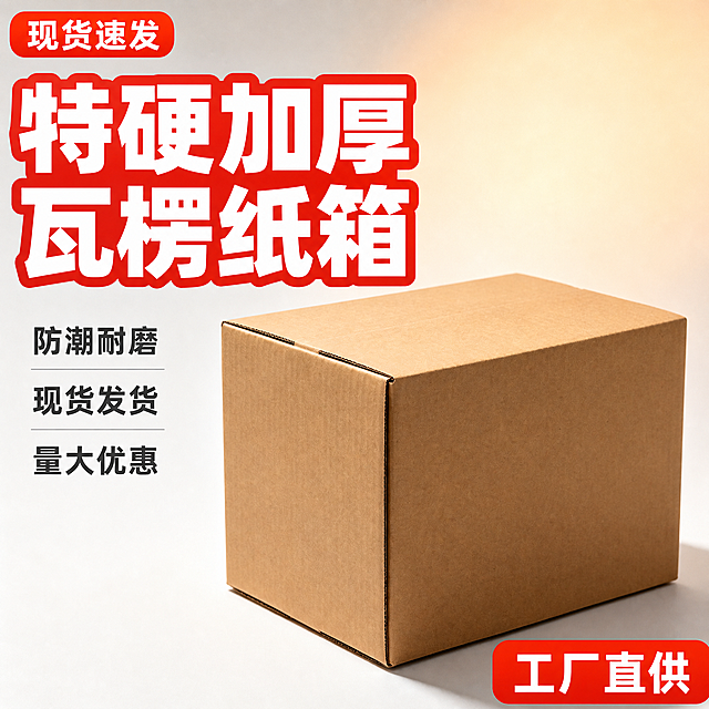 [主图-1] 特硬加厚瓦楞纸箱 首图 拼多多风格 性价比吸睛。
[统一基调] 拼多多风格 大字直白 高性价比感 暖橙红主色调 白色粗黑标题字 深灰辅助字 红色强调色 粗黑体字体 大号标题 中号卖点 圆角信息卡 满版无边框构图。
[画面] 特硬加厚瓦楞纸箱主体居中偏右 占画面约65% 正面45度角视角 完整展示箱体 牛皮纸原色 边缘整齐 压痕清晰 箱盖闭合严实。左侧和上方留出负空间放文字。背景为浅灰渐变加轻微暖橙光晕 底部有柔和投影 产品自然落地不悬浮。左上角放红色圆角促销标签 写"现货速发"。
[光影质感] 商业摄影质感 主光从左上方来 右侧有柔和补光 箱体正面明亮 侧面有自然明暗过渡 瓦楞纸纹理清晰可见 底部接触阴影真实柔和 不悬浮不穿模。
[配色] 背景浅灰渐变加暖橙光晕 标题白色粗黑字配红色描边或红色底块 辅助字深灰色 强调色橙红色 纸箱保持牛皮纸原色 整体明亮通透有性价比氛围。
[文字版式] 左上角大标题分两行 第一行"特硬加厚" 第二行"瓦楞纸箱" 字体粗黑大号 白色字配红色厚重底块 非常醒目。标题下方三行卖点小字 分别是"防潮耐磨""现货发货""量大优惠" 深灰色 字号约为标题的三分之一。右下角红色圆角标签 写"工厂直供" 白色字。文字全部放在负空间 不遮挡箱体主体。
[输出要求] 1:1正方形 2048x2048 文字清晰可读 产品清晰不变形 禁止出现拼多多logo水印平台标识 禁止错字模糊杂乱 禁止极限词 禁止人物 禁止悬浮穿模。