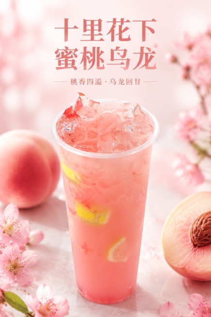 饮品宣传海报，保留原图中十里花下蜜桃乌龙的所有细节不改变，饮品名为“十里花下蜜桃乌龙”，A4竖版尺寸，高质感配色，f/2.8用于柔和景深，照片写实，分辨率300，无畸变，产品置于画面中心，清新甜美风格预览效果