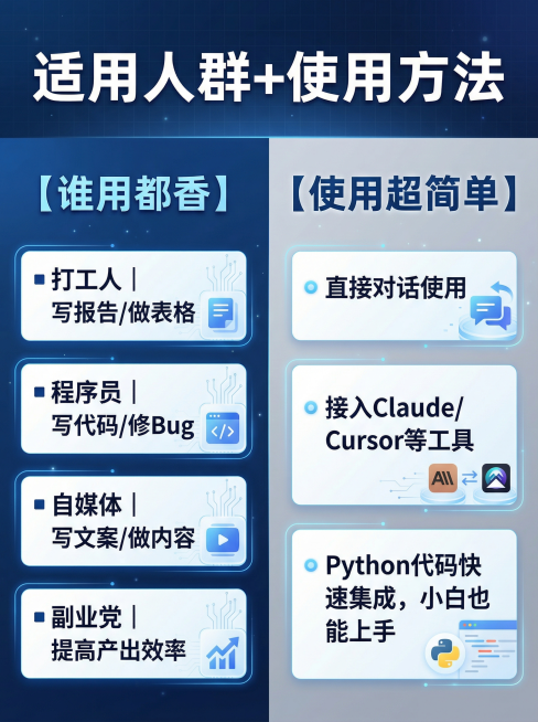 [主图 4] 适用人群+使用方法
[氛围/风格] 延续科技干货风，深蓝浅灰渐变背景，低对比细网格+微光点粒子，学术质感清爽明亮
[画面元素] 左右分栏，左侧适用人群，右侧使用方法，分区清晰
[配色色系预览效果