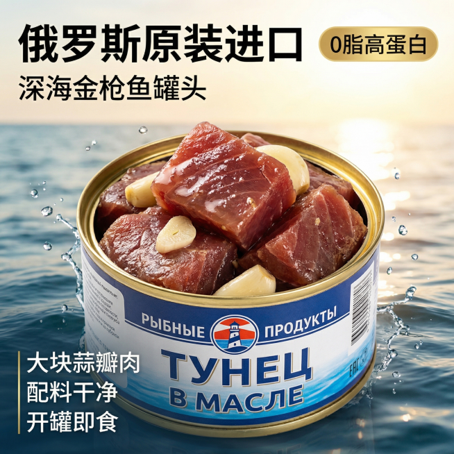 [主图1 首图点击率诱惑与食欲]
主图主题：俄罗斯进口金枪鱼罐头主图
氛围/风格：真实食欲感，清新海洋风，自然暖阳逆光，专业高品质食品摄影
画面元素：开盖的金枪鱼罐头居中展示，大块蒜瓣金枪鱼肉诱人堆叠预览效果