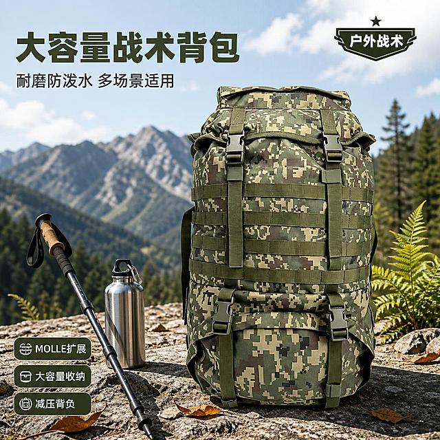 [主图-1] 迷彩战术双肩背包户外场景首图
[氛围风格] 硬朗户外战术风，专业品质感，真实自然
[画质] 商业摄影质感、光线硬朗通透、产品清晰真实、画面干净高级
[元素] 迷彩战术双肩背包居中偏右放置在户外岩石台面上，背包正面完整展示，MOLLE织带、卡扣、迷彩花纹清晰可见。背景为远山森林户外自然场景，天空有少量云层，前景有几片枯叶和碎石点缀。左侧地面斜靠一把登山杖，旁边放一个不锈钢水壶。背包右侧有一株绿色蕨类植物作前景装饰。保持背包外观（即物理结构、材质质感、颜色、迷彩图案、MOLLE织带、卡扣细节）与输入产品图完全一致，杜绝任何变形和色差，精细化处理。商品主体占比约65%。画面满屏无边框。
[光影] 上午侧逆光，阳光从右上方斜射，背包受光面明亮，底部有自然投影落在岩石上，阴影硬朗有层次，金属卡扣有高光反射，整体光比适中，户外真实自然光感。
[配色] 主色军绿迷彩（背包本体）；辅色深绿（森林背景）、土黄（岩石）；强调色橙棕色（枯叶点缀）
[视角构图] 平视略低角度，背包为视觉中心，前中后景分层清晰，景深中等，背景适度虚化突出主体，背包轮廓完整不裁切。
[文字版式] 左上负空间左对齐留安全边距，三行主辅文案不压背包外轮廓。大字主标题"大容量战术背包"，军绿色最大号粗体无衬线；副标题"耐磨防泼水 多场景适用"，约半高、深灰色。底部左侧三个圆角小图标配短卖点，从上到下："MOLLE扩展""大容量收纳""减压背负"，白字深绿底小标签。右上角"户外战术"军绿色小徽章装饰。
[输出要求] 1:1比例，文字清晰锐利，超高清商业摄影质感
[负向提示词] 变形，文字错乱，产品图模糊，背景杂乱，水印，电商平台Logo，多余的手，多余的手指，畸形手，融合手指，手部扭曲，肢体穿模，人物面部扭曲，关节反折