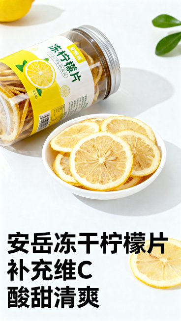 商品轮播图，展示罐装柠檬片单品图，瓶装包装搭配白碗盛出的干柠檬片，切片均匀，文字“安岳冻干柠檬片 补充维C 酸甜清爽”，干净白底背景，高清商品图，电商通用风格，不要带有拼多多字样预览效果