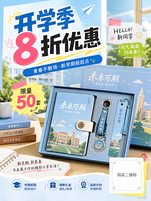 青春活力风格开学季校园定制文创礼盒促销海报，包含笔记本、钥匙扣、书签产品实物，展示促销文案"开学季8折优惠"、"限量50套"，右下角预留购买二维码占位符，面向大学生群体，色调明快活泼