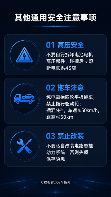 [第10屏] 通用安全注意事项收尾页。
[氛围/风格] 稳重专业的总结页，深色科技底色，整洁排版
[元素布局] 顶部标题，中间分三点罗列核心安全规则：高压安全、拖车注意、禁止改装，每个要点区块独立，重预览效果