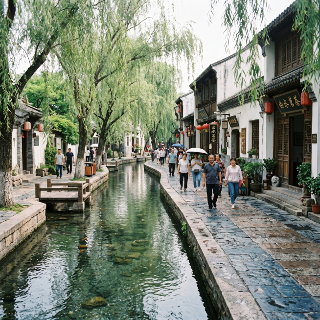 济南曲水亭街老街巷，清澈泉水沿街流淌，岸边垂柳枝条随风飘动，青石板路古民居，展现老济南家家泉水户户垂杨的独特风情预览效果