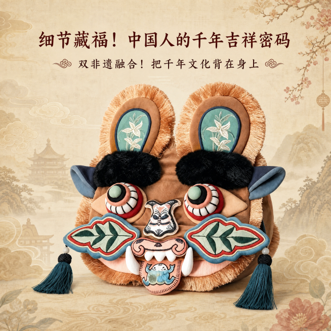 原图是一款非遗虎头包，保持产品百分之百不变，只更换背景，替换为符合非遗主题的中式复古背景，不是纯色背景，重点突出非遗虎头包，添加文字“细节藏福！中国人的千年吉祥密码”“双非遗融合！把千年文化背在身上”预览效果