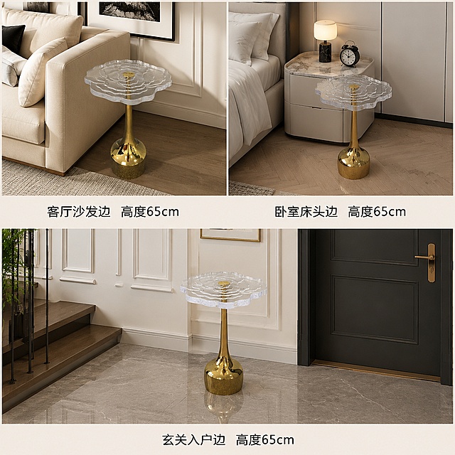 [主图4] 轻奢亚克力花朵边几尺寸信息与多场景展示图，氛围风格为多场景展示清晰直观，商业摄影质感，光线柔和通透，产品清晰真实，画面干净高级。画面使用三宫格版式，分别展示边几放在客厅沙发旁、卧室床头柜旁、玄关进门处三个场景，每个场景都清晰展示边几摆放效果和尺寸。保持每个场景里边几外观物理结构、材质质感、颜色与输入产品图绝对一致，杜绝任何变形和色差，精细化处理。整体画面排版干净，三个场景大小一致分区清晰。光影每个场景都保持统一的自然柔和光线，整体光影一致风格统一。每个场景下方标注适配位置和高度尺寸：左上角标注"客厅沙发边 高度65cm"，右上角标注"卧室床头边 高度65cm"，底部标注"玄关入户边 高度65cm"，文字黑色清晰，放在场景下方浅色背景块上，不遮挡产品。比例分辨率1:1比例，4k分辨率；文字清晰锐利，画面超高清。负向提示词：变形，文字错乱，产品图模糊，背景杂乱，水印，电商平台Logo
