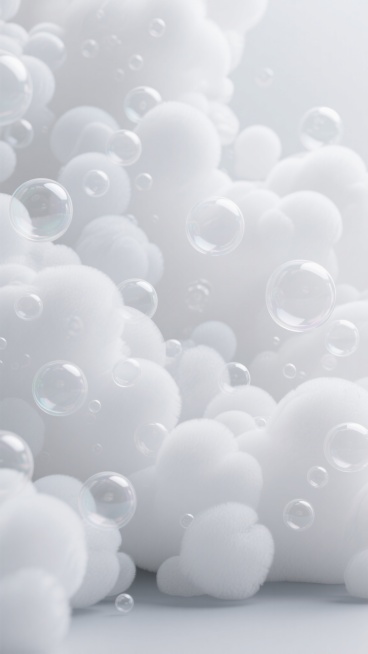 3D渲染的泡沫背景，以纯净的白色为主色调，呈现出轻盈蓬松的质感，表面布满大小不一、形态各异的透明气泡，气泡在柔和均匀的光源照射下，边缘泛着细腻的高光，底部有淡淡的灰色阴影，营造出宁静、洁净且富有层次的视觉效果，整体构图饱满，泡沫以完全不同的造型自然堆叠，充满动态的韵律感。预览效果