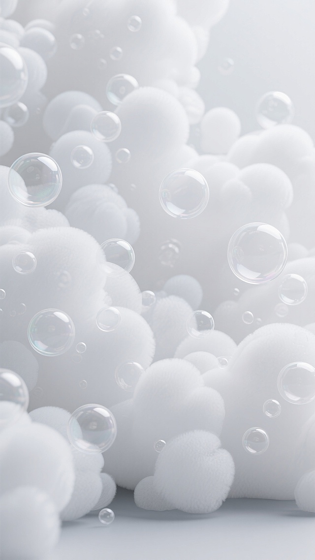 3D渲染的泡沫背景，以纯净的白色为主色调，呈现出轻盈蓬松的质感，表面布满大小不一、形态各异的透明气泡，气泡在柔和均匀的光源照射下，边缘泛着细腻的高光，底部有淡淡的灰色阴影，营造出宁静、洁净且富有层次的视觉效果，整体构图饱满，泡沫以完全不同的造型自然堆叠，充满动态的韵律感。