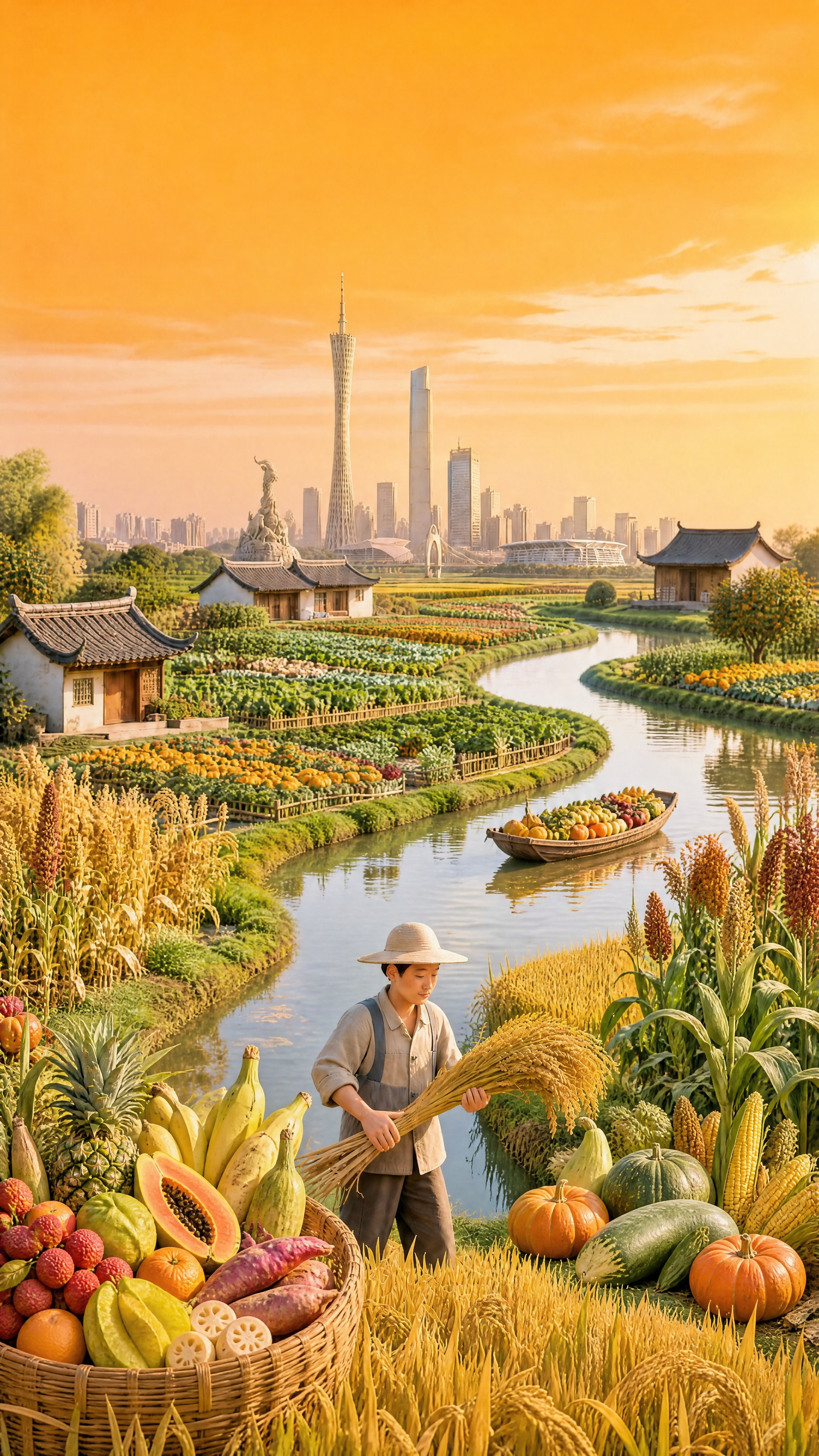 强化丰收主题，在画面中添加丰富的瓜果蔬菜元素：前景稻田旁增加装… - 图片创意预览