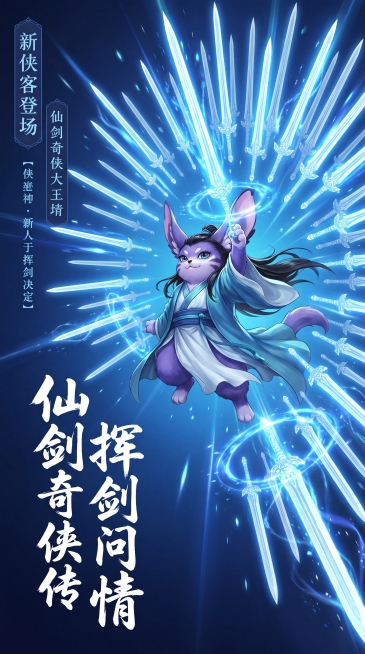 《仙剑奇侠传：挥剑问情》仙侠游戏宣传海报，画面中心是参考图中的猫，它身着青蓝与白相间的飘逸长袍，黑发扬起，右手高举操控着周身呈放射状环绕的多柄发光长剑，剑刃迸发蓝白色寒光与能量射线，搭配蓝色能量光环与预览效果