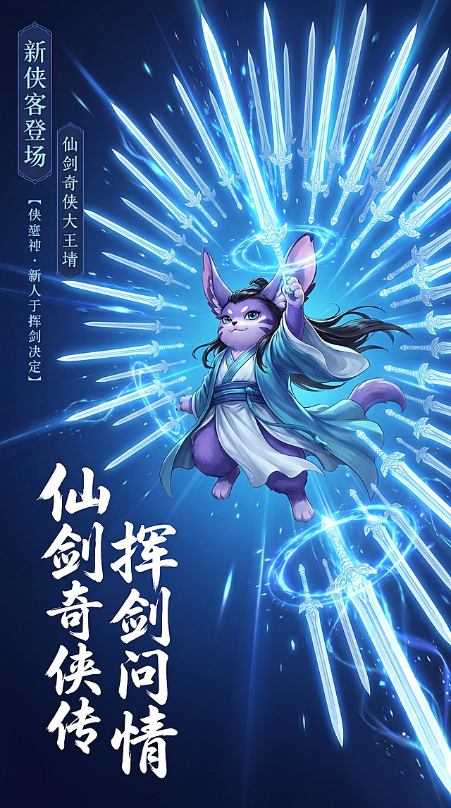 《仙剑奇侠传：挥剑问情》仙侠游戏宣传海报，画面中心是参考图中的猫，它身着青蓝与白相间的飘逸长袍，黑发扬起，右手高举操控着周身呈放射状环绕的多柄发光长剑，剑刃迸发蓝白色寒光与能量射线，搭配蓝色能量光环与粒子流光，营造出宏大震撼的剑阵氛围，悬浮于深蓝色虚空背景中。左下角配有苍劲的白色书法标题，左侧设深蓝色竖排文案标注新侠客登场信息，整体为高清国风仙侠插画风格，光影冲击力强，高清华丽的游戏宣传海报质感