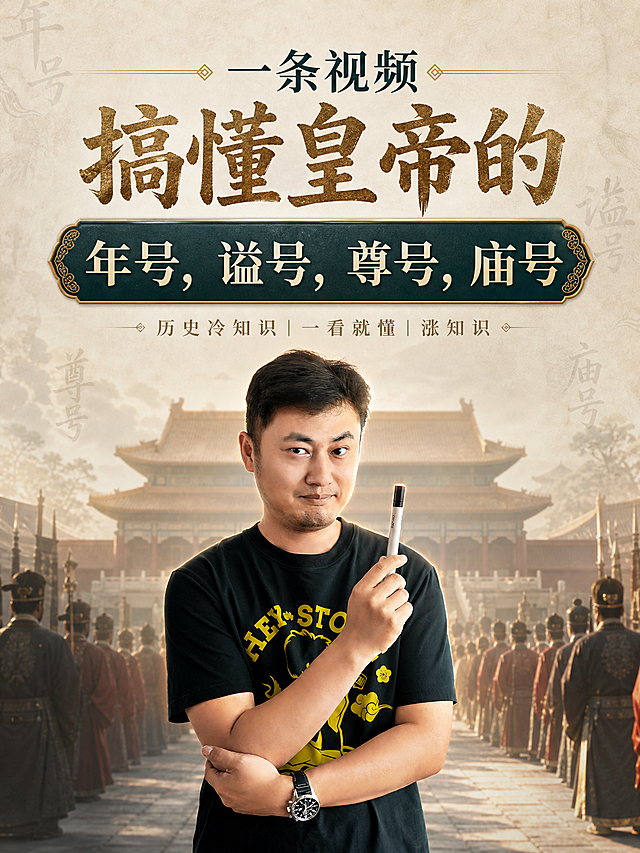 历史知识科普封面海报，主题文字："一条视频搞懂皇帝的年号，谥号，尊号，庙号"，海报中央放入提供的混子哥人像照片，背景是故宫建筑搭配大臣上朝的古代朝堂景象，背景颜色浅淡不抢主体，整体设计带有高级电影节质感，风格大气沉稳，知识科普封面，调整构图和色调重新生成