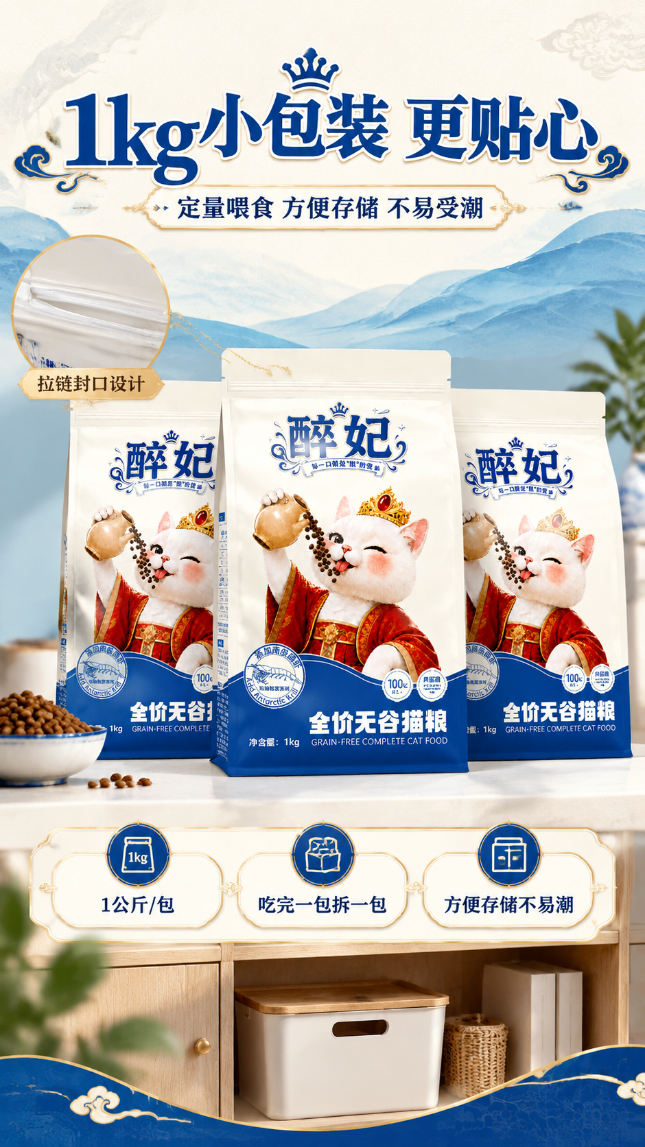 [商品] 使用【图1】醉妃猫粮包装袋，画面中展示2-3包同款堆… - 图片创意预览
