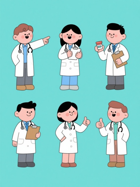 一组6个不同动作、不同性别的卡通风格医生角色集合，保持原卡通手绘风格，线条简洁流畅，色彩明亮鲜艳但整体色调变换，每个医生均穿着白色医生袍、佩戴听诊器，手持文件夹，动作完全不同（如指示方向、微笑问候、记录病历、展示药品、安抚手势、竖起大拇指），男女医生比例均衡，角色表情友好亲切，纯色背景，所有角色规整排布成一行或两行，保持相同的卡通质感和简洁设计风格，无文字信息。预览效果