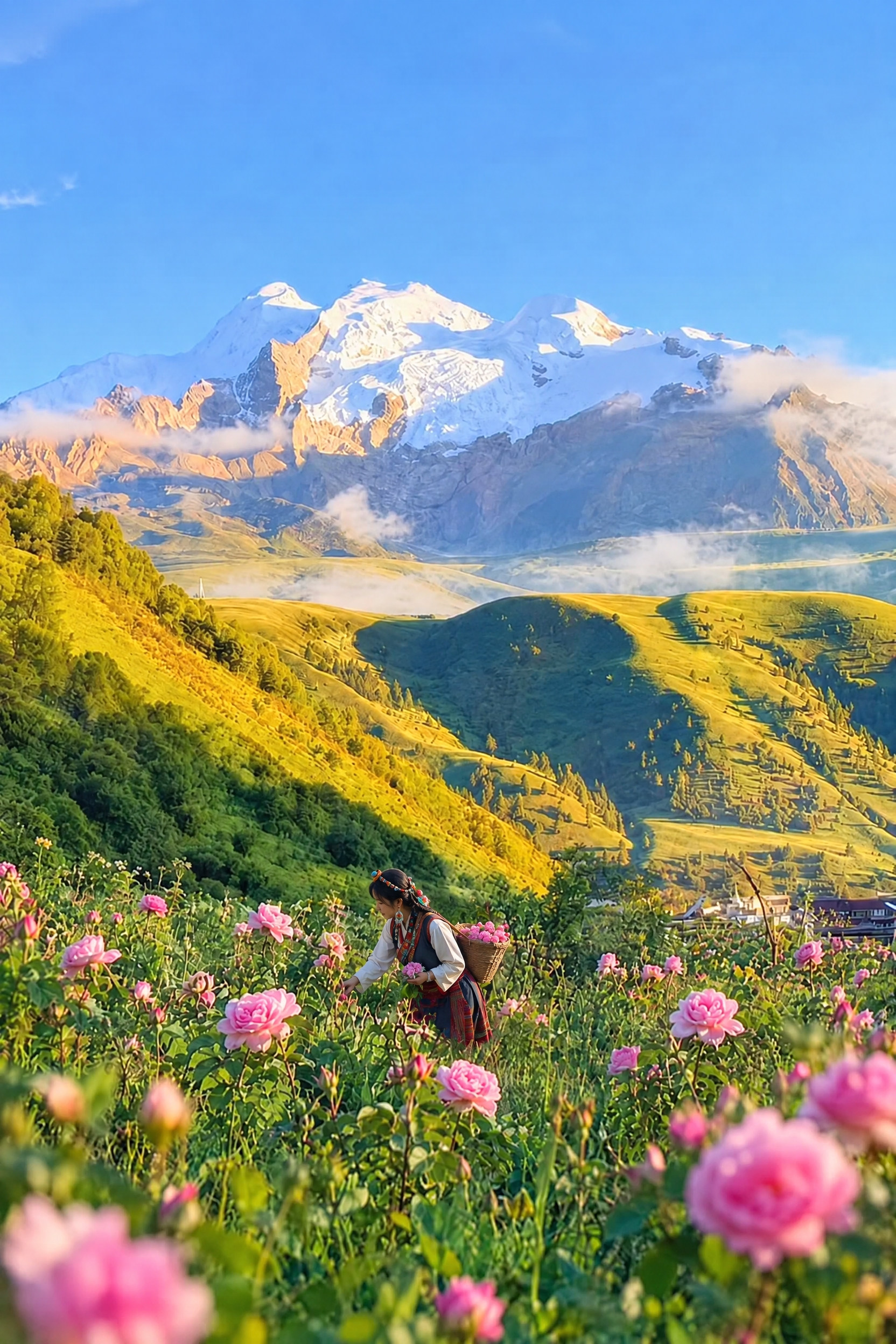 保持画面中雪山、山峦、草地、树木、天空、云雾、前景粉色大马士革… - 图片创意预览