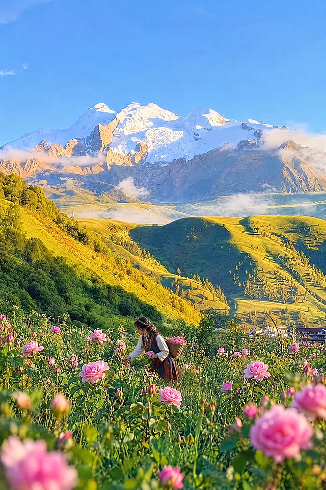 保持画面中雪山、山峦、草地、树木、天空、云雾、前景粉色大马士革玫瑰花等所有元素完全不变，仅将前景戴蓝色帽子的人影替换为穿着川西藏族服饰的美女，她正在采摘玫瑰，人物隐隐约约与环境自然融合，不要太突出显眼，光线色调与原图保持一致，整体画面真实自然，摄影质感