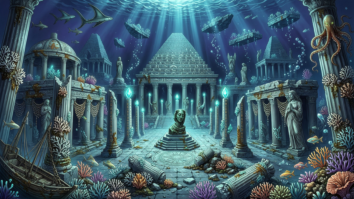 失落的亚特兰蒂斯海底文明，神秘的水下古城遗迹，梦幻蓝色海洋光影，古老建筑，史诗场景，2K高清画质预览效果