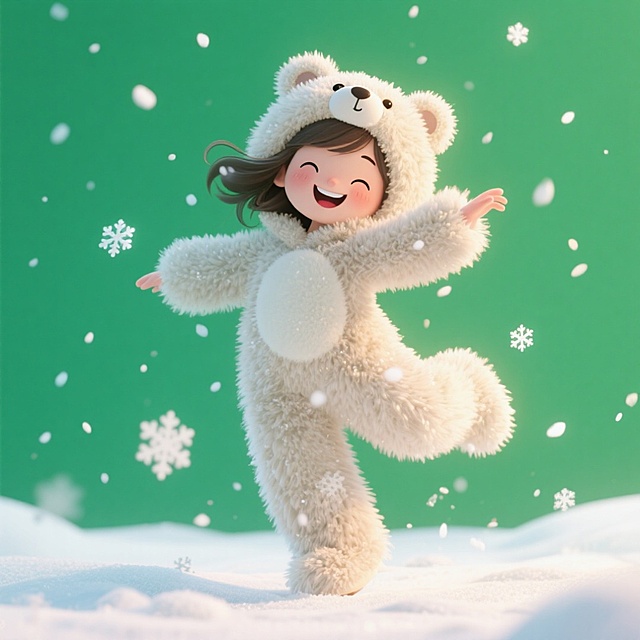 画面主视觉是穿着熊服装的女孩，在翩翩起舞，有雪落下。绿色纯色背景