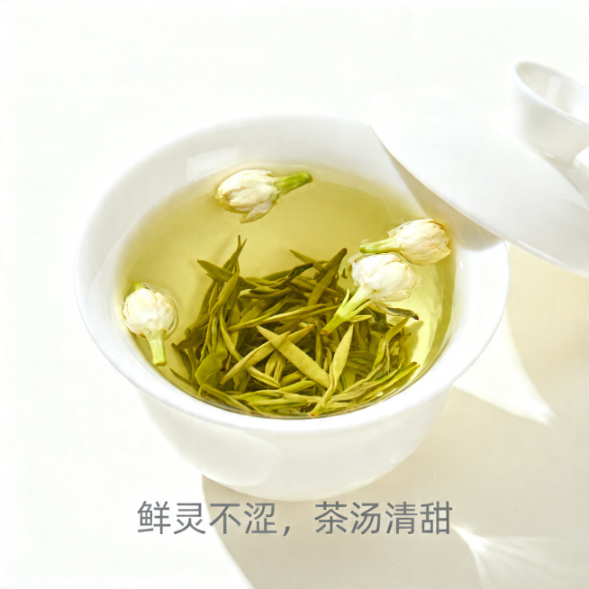 电商主图，1:1正方形，白瓷盖碗冲泡茉莉雪螺，茶汤清澈透亮呈浅黄绿色，茶叶在水中舒展，漂浮茉莉花苞，背景极简米白，配文“鲜灵不涩，茶汤清甜”，突出茶汤质感。预览效果