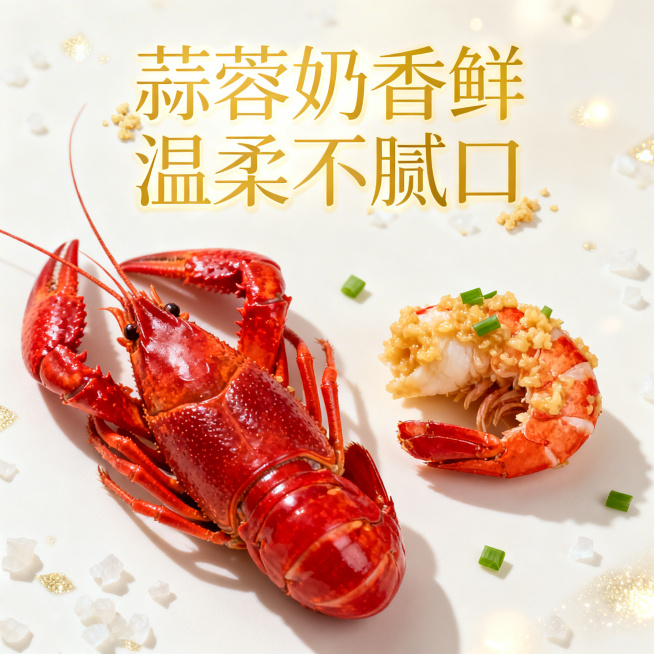 8K超清画质，清新温柔风小龙虾海报，背景为浅米白色底，点缀细碎奶白色蒜蓉碎与淡金色微光，营造柔和治愈的轻食氛围。画面主体为一只完整鲜红小龙虾，保留形态与光泽，旁侧搭配半只剥开的蒜蓉小龙虾，覆盖着细腻金预览效果