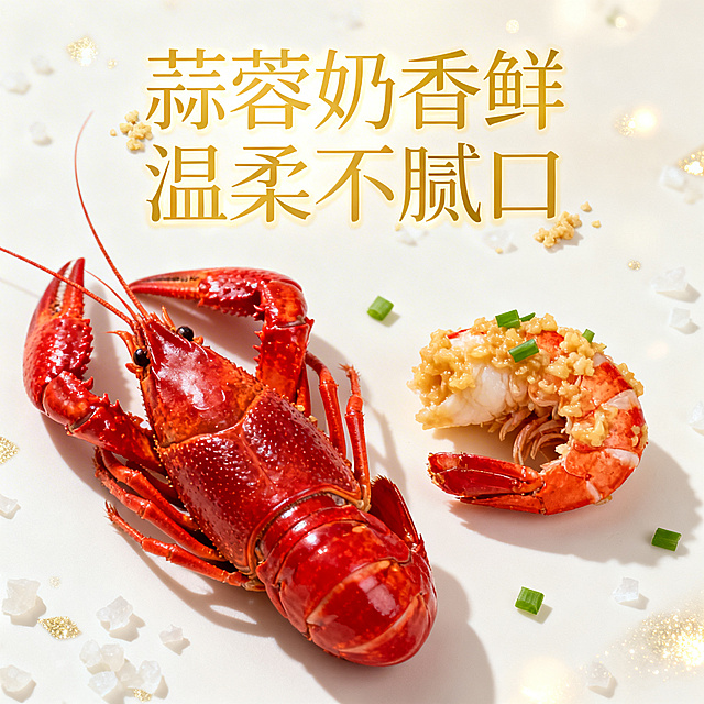 重拟物风呈现蒜蓉奶香小龙虾，鎏金文字搭配柔和光影，营造唯美优雅的视觉体验，突出清爽舒适与时尚质感。