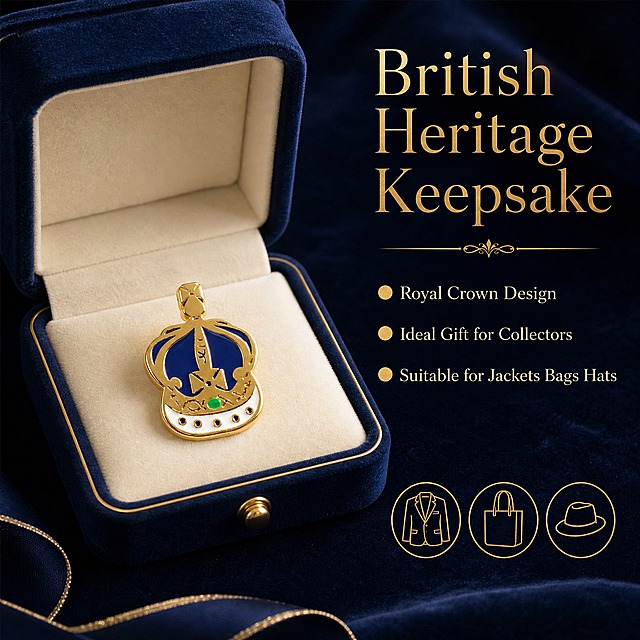 [主图-5] British Crown Enamel Lapel Pin 礼赠收藏价值图，展示礼盒包装与多场景适用，突出英国文化纪念意义与礼品属性。
[统一基调] 亚马逊跨境欧美珠宝风，深海军蓝丝绒质感背景，低饱和金蓝配色，高级礼赠风格，英文短标题，纤细衬线字体，金色标题字色，浅金色辅助字色。
[画面] 画面中心偏左位置放置一个打开的深蓝色丝绒首饰礼盒，盒内米白色绒面内衬上摆放着 British Crown Enamel Lapel Pin 胸针，皇冠正面朝上，金色金属与深蓝色珐琅在丝绒背景衬托下更显高级；礼盒占画面约50%，胸针为视觉焦点；右侧上方有大号英文标题 "British Heritage Keepsake"，下方配三行小号辅助文案，每行前有金色小圆点图标："Royal Crown Design"、"Ideal Gift for Collectors"、"Suitable for Jackets Bags Hats"；右下角有一个小型场景组合图标区，用三个细线圆形图标分别代表西装、帆布包、帽子，直观展示多种佩戴场景；整体氛围精致高级，突出礼赠与收藏价值。
[光影质感] 高端珠宝礼盒摄影质感，柔和顶光+侧方补光，丝绒面料有真实光泽与纹理，金属胸针有温暖高光，珐琅颜色深邃饱满，礼盒内部有自然阴影，整体光影高级有质感。
[配色] 深海军蓝丝绒背景，金色胸针，深蓝色珐琅，米白色绒面内衬，金色标题字，浅金色辅助字，整体色调奢华典雅。
[文字版式] 标题使用纤细优雅衬线字体，金色，字号大且有质感；辅助文字字号缩小60%，浅金色，左对齐排列，每行前有金色圆点图标；场景图标区在右下角，三个圆形图标水平排列；所有文字放在右侧负空间，不遮挡礼盒与胸针主体。
[输出要求] 比例1:1，2048x2048像素，产品清晰，礼盒质感真实，文字清晰可读，无变形、错字、模糊、杂乱、水印、平台Logo。