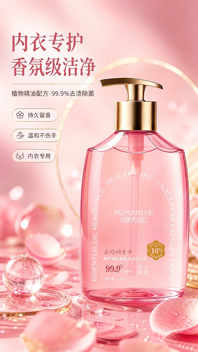 [商品] 使用【图1】湖畔牧歌植物精油香氛内衣洗衣液，粉色透明扁瓶身配金色泵头；保留瓶身所有原有文字：HUPANMUGE湖畔牧歌、衣物调香师、植物精油香氛内衣洗衣液、99.9%去渍除菌、持久留香、16%表面活性剂、净含量500ml、ESSENTIAL OIL FRAGRANCE·HEALTH CARE·UNDERWEAR LAUNDRY LIQUID环形文字；保留瓶身结构比例、粉色透明质感、金色泵头光泽。
[画面] 第1张·头图海报·产品海报型；目标是建立轻奢香氛内衣洗护第一印象；产品主体占画面60%，居中偏右微仰视摆放；左上方留白放主标题与副标题；前景散落粉色玫瑰花瓣与精油滴液元素，中景产品，后景柔焦粉色渐变与金色光晕；营造高级香氛洗护氛围。
[视觉] 套系策略：风格=轻奢精致女性向商业摄影；标题字=优雅衬线粗体；正文字=简洁无衬线体；主色=柔粉玫瑰金；背景延展=基于柔粉色做深浅渐变、同色系晕染和细腻丝绸/水光质感；强调色=香槟金，仅用于小面积图标、引线、标签和装饰线条；标题色=深玫瑰金；正文色=暖棕灰；组件=圆角金边信息卡、细金线引线、花瓣装饰元素；光影=左前侧柔暖光，瓶身通透高光，金色泵头金属质感强烈。
[文字] 左上区域主标题"内衣专护 香氛级洁净"，副标题"植物精油配方 99.9%去渍除菌"，下方3个短卖点胶囊：持久留香、温和不伤手、内衣专用；所有文字横向排版，不遮挡瓶身主体和品牌Logo。
[规格] 图片比例9:16竖版，4K分辨率，medium质量；避免变形、错字、文字过小、冷蓝/冷灰背景、瓶身颜色改变、泵头缺失、商品文字错乱。
