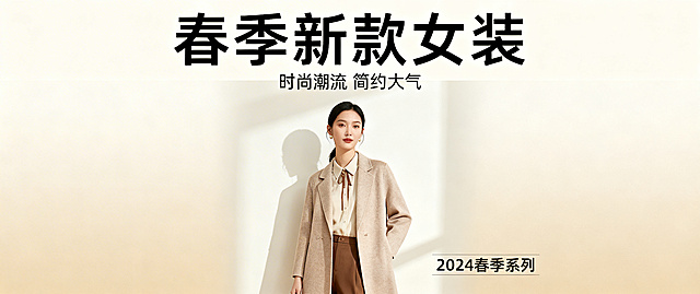 电商女装轮播宣传图，时尚潮流春季新款女装，简约大气设计，色彩柔和高级，适合通用电商首页banner展示，整体干净清爽，突出服装质感