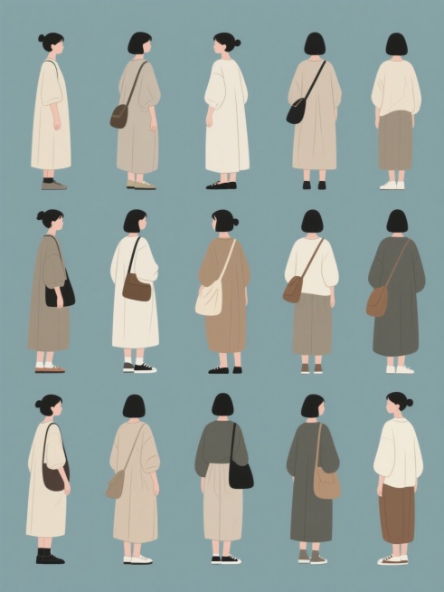 纯色背景上，同风格、同类目的多个不同穿搭女性人物元素系列组合，规整排布。每个女性人物均为侧后方视角，黑短发束起，身着不同款式的宽松版型服装，搭配相应的包包和鞋子，保持原图简约、自然、略带文艺的风格，画面整体色彩变换，人物姿态自然，服装材质细节清晰，整体布局整齐有序，视觉层次分明。预览效果