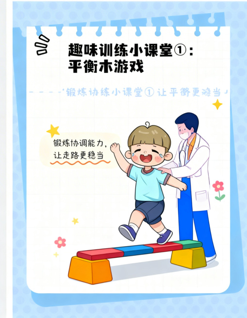 参考上传的浅蓝色波点背景、卡通笔记本纸张版式的科普海报风格，制作儿童物理治疗科普系列第七页：标题为「趣味训练小课堂①：平衡木游戏」，画面展示卡通小男孩在治疗师的保护下开心走彩色平衡木，旁边配文字说明：预览效果