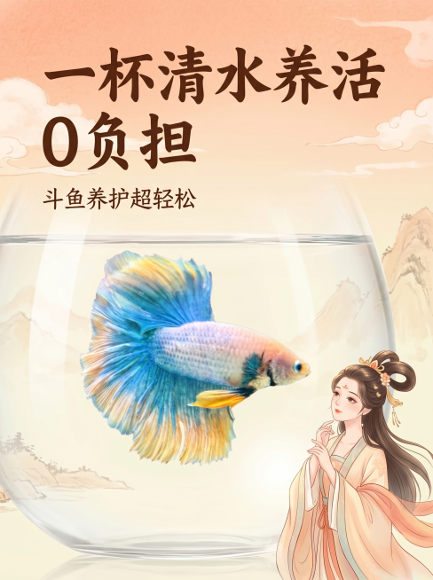 [主图 1] 泰国半月斗鱼产品首图，中国风整体设计。
[氛围/风格] 清新治愈中国风，搭配卡通古代美女元素，真实质感，商业摄影，光线柔和通透，产品清晰真实，画面干净高级。
[元素/光影] 泰国半月斗鱼预览效果