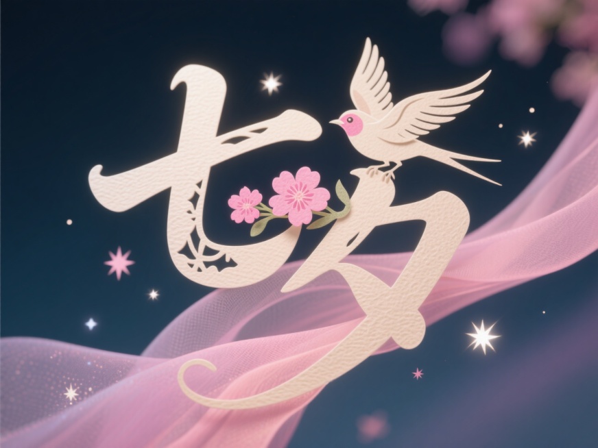 「竖向浅色纸雕字『七夕』｜流线型笔画间跃出衔花喜鹊，柔粉渐变层中浮游童话星屑，以镂空的浪漫述说银河童趣」预览效果