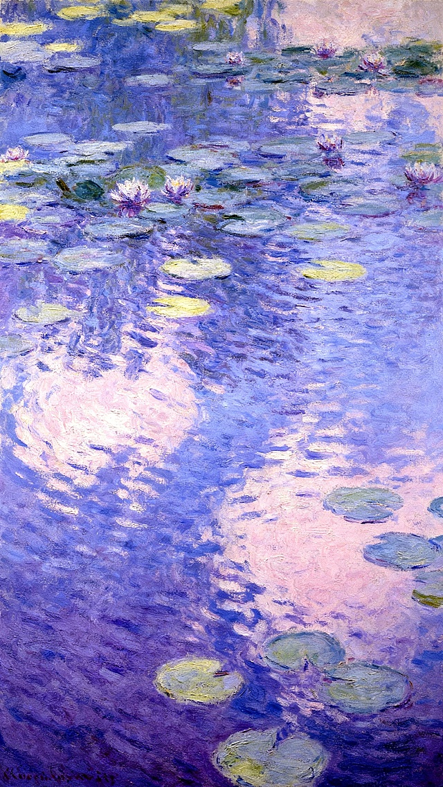 印象派油画风格，莫奈睡莲系列，以紫色、蓝色、淡粉色为主色调，水面波光粼粼，光影交错，睡莲花朵点缀其间，笔触厚重而富有层次感，色彩柔和交融，营造出宁静悠远的氛围，水面上漂浮着大小不一的荷叶，部分荷叶呈现出淡淡的黄色和绿色，整体构图饱满，光影效果自然，展现出水面的清澈与梦幻，色彩过渡自然和谐，具有浓厚的艺术感染力和印象派特有的光影捕捉技巧。