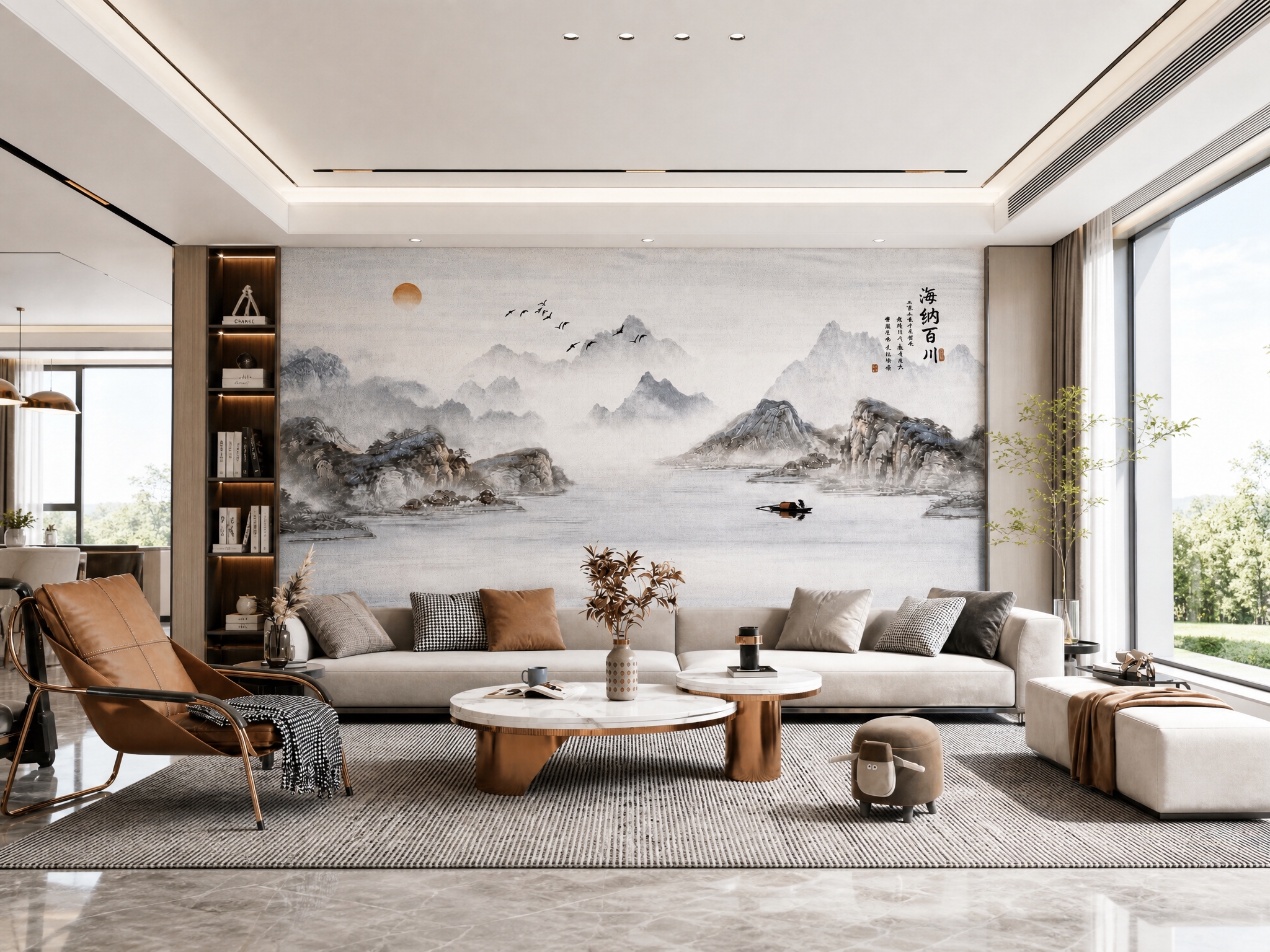 将图中的山水刺绣硬包背景墙图案完整保留，颜色和图案完全不变，放… - 图片创意预览