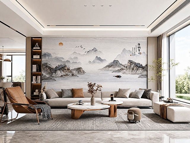 将图中的山水刺绣硬包背景墙图案完整保留，颜色和图案完全不变，放置到大平层现代轻奢客厅的沙发背景墙上，客厅空间开阔通透，光线自然柔和偏亮，色彩饱满有层次，真实家装效果图，超写实，高清细节，客厅整体色调和谐不改变背景墙图案颜色
