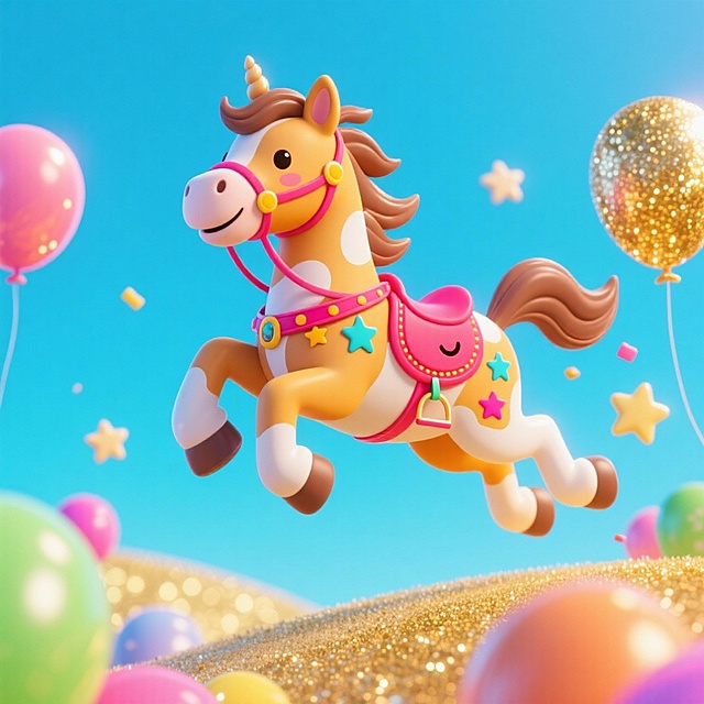超可爱卡通风格，一只棕黄色带白色斑纹的小马，前蹄高高跃起、后腿蹬地呈活力腾空姿态，鬃毛和尾巴随风飞扬；小马身上装饰彩色星星图案，搭配鲜艳的玫红色鞍具，鞍具上有笑脸装饰；背景是明亮的天蓝色渐变，点缀金色闪光、彩色气球和星星特效，整体色调饱和度高、色彩鲜艳明快，画面充满动感与欢乐氛围，细节精致可爱