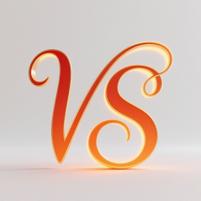 白色背景上，艺术字体"VS"，采用优雅流畅的衬线书法字体，字形饱满圆润，笔画边缘带有细腻的金色渐变高光，整体呈现出温暖的橙红色调，字体内部填充明亮的橙黄色，边缘有柔和的橙色光晕向外扩散，背景无其他元素，简洁干净。
