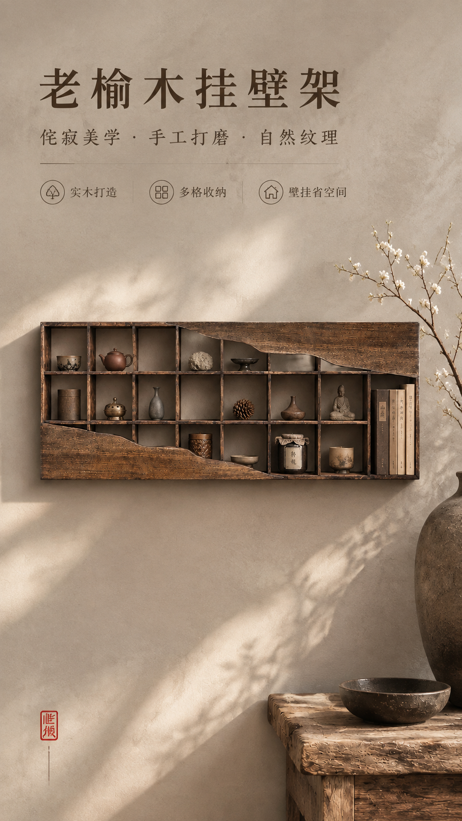 [商品] 使用【图1】老榆木挂壁架；保留整体长方形结构、三排多… - 图片创意预览
