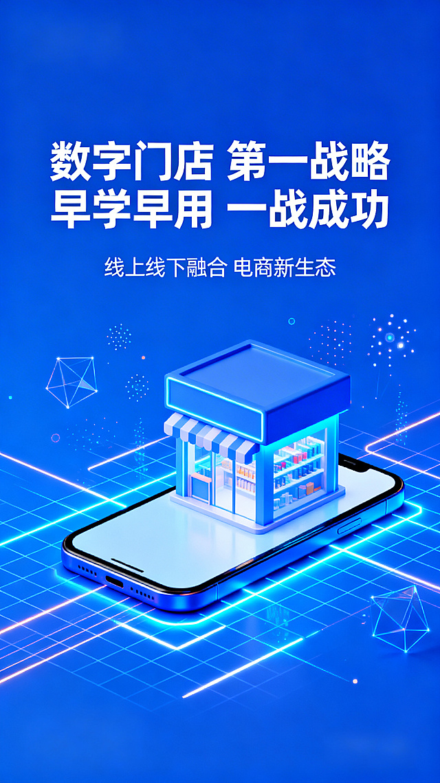 未来感3D微缩艺术风，科技蓝光影交织，虚拟现实质感手机承载数字门店，展现电商新生态的科技美学。