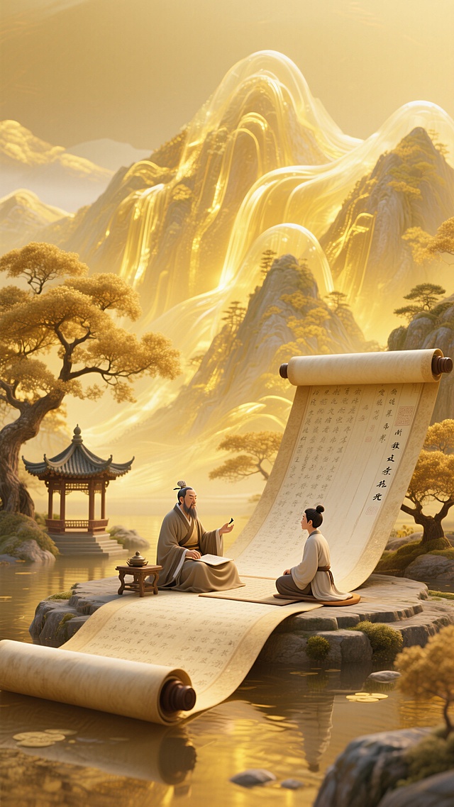巨大卷轴，古代师徒对坐在卷轴上（师父讲学、弟子聆听），背景呈现金色半透明的山脉、发光树影、中式亭子，整体金黄色调，明亮、祥和宁静氛围。