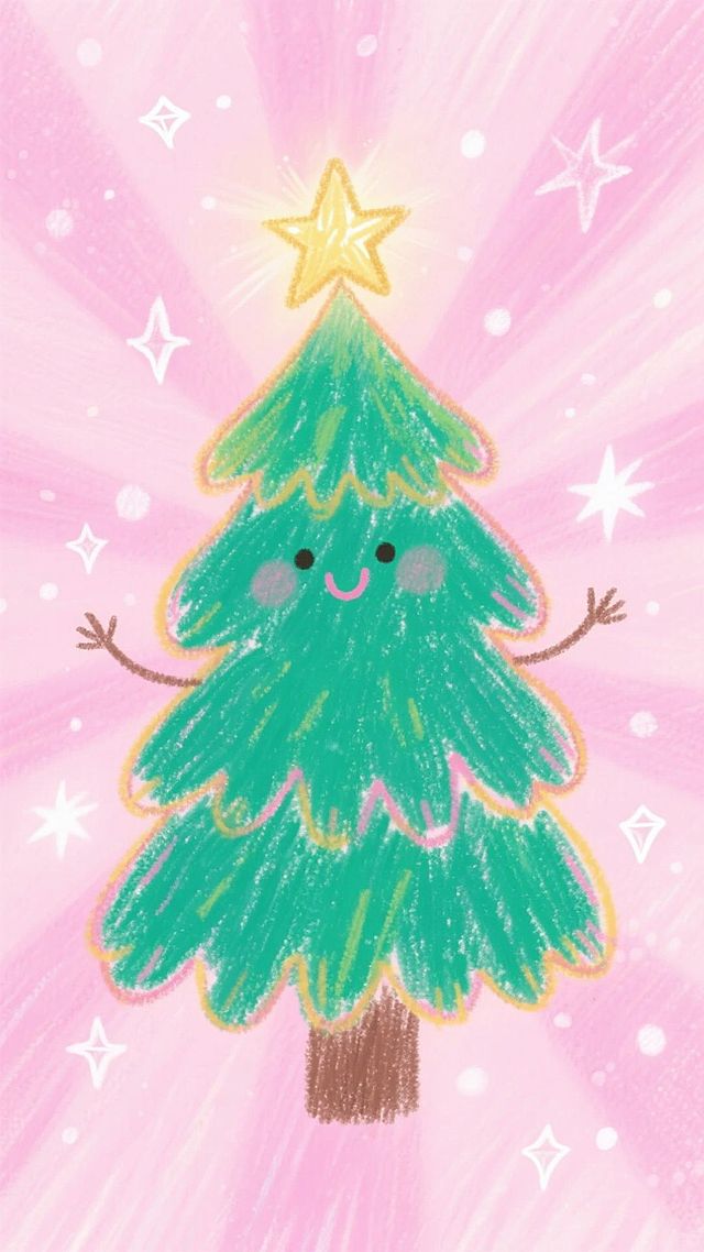 主体是一棵拟人的圣诞树，背景是粉色放射状渐变，点缀着白色星星与光斑。