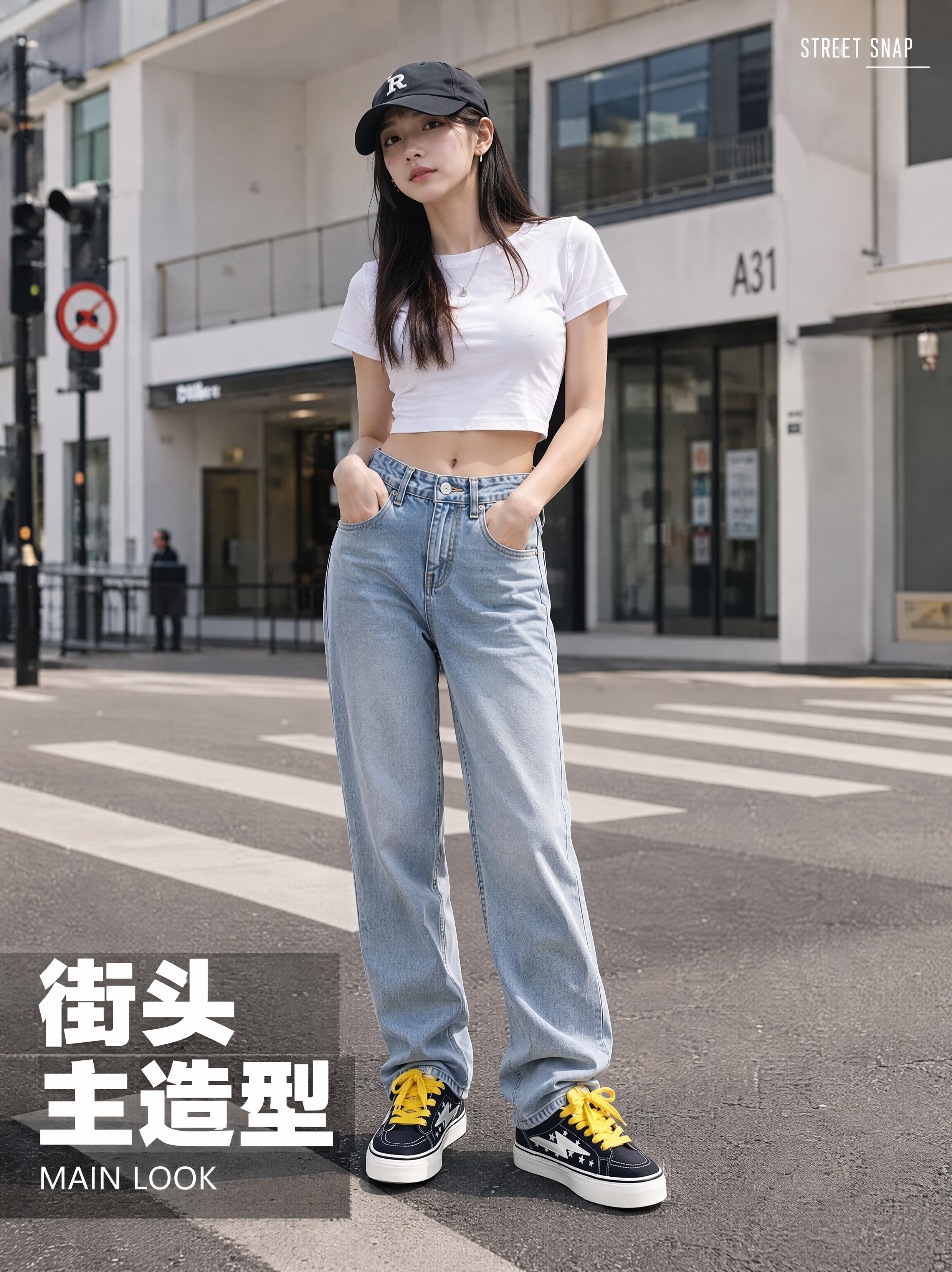 [第6张] 模特主造型展示页-藏蓝黄拼色星星闪电厚底休闲板鞋街… - 图片创意预览