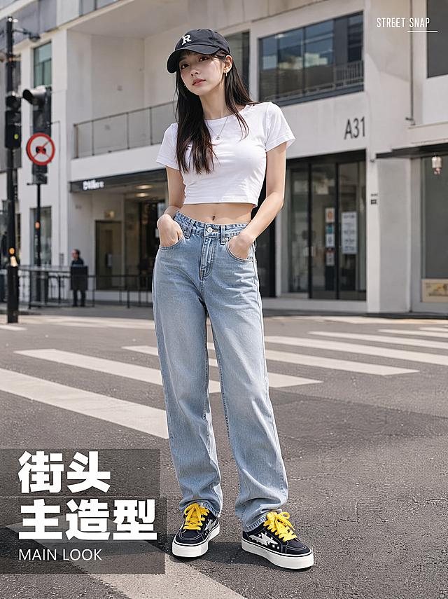 [第6张] 模特主造型展示页-藏蓝黄拼色星星闪电厚底休闲板鞋街头正面全身穿搭。本张使用【图1】作为商品主体参考。
[标题版式] 左下角叠放式标题，主标题粗体白字，半透明黑底衬托，配小号英文。
[氛围/风格] 街头画报风，松弛感自然抓拍，城市街道场景。
[元素布局] 画面中心年轻女性全身正面站立姿态，穿着藏蓝黄拼色星星闪电厚底板鞋，搭配浅蓝色高腰直筒牛仔裤、白色短款T恤和黑色棒球帽，双手插在裤袋里，姿态放松自然；鞋子清晰展示正面鞋型和厚底增高效果；背景为城市街道斑马线和简约建筑，景深虚化；人物占画面约70%，鞋子位于画面下半部分视觉焦点位置。
[光影质感] 自然日光，正面柔和光线，人物立体感强，地面有自然投影，整体明亮通透。
[配色色系] 全局底色城市灰调；主色藏蓝+明黄+米白；辅助色浅蓝牛仔+白色T恤+黑色帽子；点缀色黄色鞋带提亮。
[视角构图] 正面全身视角，平视角度，阅读动线人物整体 → 鞋子焦点 → 左下角标题。
[文字版式] 左下角叠放标题。主标题「街头主造型」，英文「MAIN LOOK」；右上角小号英文装饰「STREET SNAP」；文字不遮挡人物主体。
[比例分辨率] 3:4竖版比例，4K分辨率，文字清晰可辨，高清画质。
[负向提示词] 鞋身变形，颜色偏差，水印，文字错乱，面部扭曲，肢体畸形，姿态僵硬。