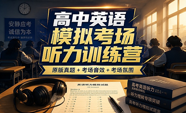 高中英语模拟考场听力训练营宣传图，画面中央有醒目的大字标题"高中英语模拟考场听力训练营"，下方有副标题"原版真题+考场音效+考场氛围"，背景是模拟英语考场场景，课桌上摆放着耳机和试卷，考场内有学生戴着耳机认真听听力的剪影，阳光从窗户洒入营造紧张专注的考场氛围，整体色调以深蓝色和暖黄色为主，教育风格，专业大气，高清质感