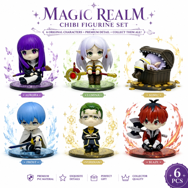 six chibi anime figurines with original characters, keep main background as pure white, add appropri预览效果