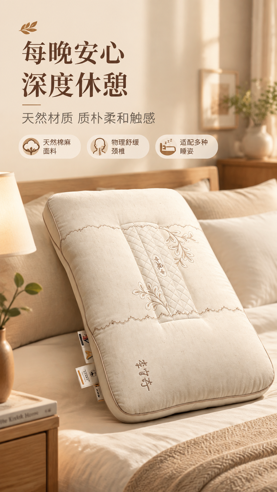 [商品] 使用【图1】棉麻决明子枕芯；保留枕芯整体结构、米白色… - 图片创意预览