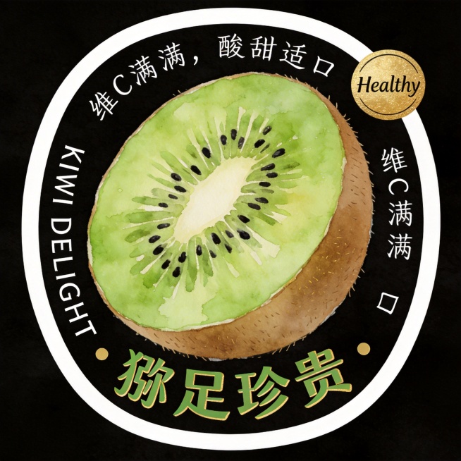 异形卡片，整体为椭圆形猕猴桃切片轮廓，白色底色+清晰白色粗描边，纯黑背景。主体是褐皮绿肉的猕猴桃（半颗切开露出翠绿果肉与黑色籽点），水彩肌理清新自然。文字全部环绕在水果外围排版：主标题"猕足珍贵"（简预览效果