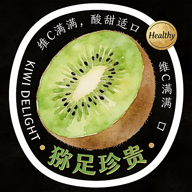 异形卡片，整体为椭圆形猕猴桃切片轮廓，白色底色+清晰白色粗描边，纯黑背景。主体是褐皮绿肉的猕猴桃（半颗切开露出翠绿果肉与黑色籽点），水彩肌理清新自然。文字全部环绕在水果外围排版：主标题"猕足珍贵"（简约无衬线体，猕猴桃绿+浅金描边），小字标语"维C满满，酸甜适口"（手写体）沿顶部弧形排列，右上角加烫金圆形小标"Healthy"，英文"KIWI DELIGHT"置于左侧边缘。文字不遮挡主体，排版清新高级。