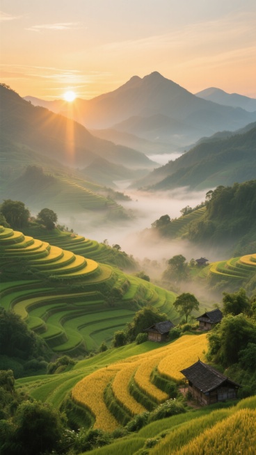 晨曦中的梯田稻田景观，阳光从远方山峰间洒落，为层层叠叠的绿色和金黄色稻田镀上温暖的金色光芒，山谷间薄雾缭绕，远处山脉连绵起伏，近处有茂密的绿色植被和几座传统小屋点缀其间，整体呈现出宁静而壮丽的自然田园预览效果